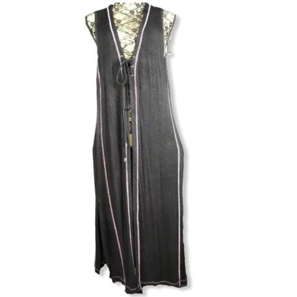 Long Vest Duster Black and Pink Stitching Y - Picture 1 of 11